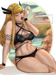 1girl absurdres arialla_draws bikini blonde_hair blue_eyes breasts choker food highres ice_cream long_hair looking_at_viewer magik_(x-men) marvel marvel_rivals navel new_mutants ocean one_eye_closed solo swimsuit x-men
