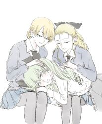 3girls anchovy_(girls_und_panzer) anmitsu_sd anzio_school_uniform assam_(girls_und_panzer) black_bow black_necktie black_pantyhose black_skirt blonde_hair blue_eyes blue_sweater bow braid closed_eyes collared_shirt darjeeling_(girls_und_panzer) drill_hair girls_und_panzer green_hair hair_bow hand_on_another&#039;s_shoulder highres lap_pillow long_hair multiple_girls necktie pantyhose red_eyes school_uniform shirt skirt st._gloriana&#039;s_school_uniform sweater twin_drills twintails white_shirt yuri