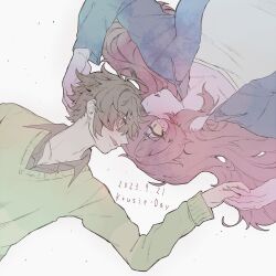 1girl 1other 2023 absurdres adam&#039;s_apple blue_coat blush breasts brown_hair coat collarbone collared_shirt colored_sclera colored_skin commentary_request dated deltarune freckles from_above furry furry_female furry_with_non-furry green_sweater grey_shirt hair_spread_out hand_on_another&#039;s_head highres holding_hands interspecies komugiko_(bitte_komu) kris_(deltarune) large_breasts long_hair long_sleeves lying on_back open_clothes open_coat open_mouth other_with_female pale_skin parted_lips pink_hair profile purple_eyes purple_skin red_eyes ship_name shirt short_hair simple_background smile susie_(deltarune) sweater tongue upper_body white_background white_shirt yellow_sclera
