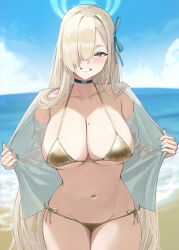 1girl absurdres asuna_(blue_archive) beach bikini black_choker blue_archive blue_sky breasts choker cleavage clothes_pull cloud day ear_piercing gold_bikini hair_over_one_eye hair_ribbon highres large_breasts mole mole_on_breast navel ocean open_clothes open_shirt outdoors piercing ref_(pmxt4483) ribbon shirt shirt_pull side-tie_bikini_bottom sky solo stomach swimsuit white_shirt