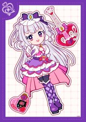 Rule 34 | 1girl, ascot, bag bow, black thighhighs, blunt bangs, boots, border, bow, collared dress, crossed legs, cure amour, deformed, dot nose, dotted line, dress, dress bow, earrings, electric guitar, eyelashes, frilled dress, frilled sleeves, frills, full body, gloves, grid background, guitar, hair bow, happy, heart, heart-shaped bag, heart hands, highres, hugtto! precure, instrument, jewelry, lace-up boots, large earrings, lipstick, long hair, looking at viewer, magical girl, makeup, mascara, open mouth, outline, pink ascot, pink bag, pink bow, platform boots, pom pom (clothes), pom pom earrings, precure, puffy short sleeves, puffy sleeves, purple boots, purple border, purple bow, purple dress, purple eyes, purple hair, purple sash, red bow, red lips, ruru amour, sash, short dress, short sleeves, signature, smile, solo, standing, thigh boots, thighhighs, train (clothing), uwded 207, very long hair, waist bag, waist sash, white background, white gloves, white outline, white sleeves, zettai ryouiki