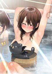 Rule 34 | 2girls, animal, arm up, armpits, blush, breasts, brown hair, bucket, bug, butterfly, cat, chomusuke, closed eyes, closed mouth, highres, insect, izawa (bhive003), kono subarashii sekai ni shukufuku wo!, large breasts, long hair, megumin, multiple girls, onsen, sideways glance, solo focus, water, yunyun (konosuba)