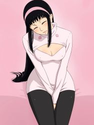 10s 1girl bad_id bad_pixiv_id between_legs black_hair blush breasts cleavage cleavage_cutout closed_eyes clothing_cutout covered_erect_nipples female_focus guila hairband head_tilt highres long_hair medium_breasts meme_attire nanatsu_no_taizai okipuu open-chest_sweater oxp_(okipuu) pantyhose sitting solo sweater v_arms
