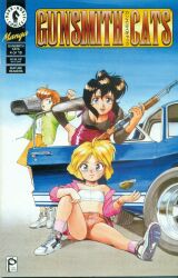 1990s_(style) 3girls :d bandaid bandaid_on_cheek bandaid_on_face bandeau bare_shoulders bent_over black_eyes black_hair black_shirt blonde_hair blue_eyes blue_sky blush bob_cut boombox breasts brown_hair car carrying chest_harness cleavage closed_mouth collarbone copyright_name cover cover_page dark-skinned_female dark_skin english_text explosive eyelashes fist_pump ford ford_mustang ford_mustang_(1st_generation) from_side green_eyes green_jacket grenade gun gunsmith_cats hair_between_eyes hand_on_own_hip hand_on_own_knee harness highres holding holding_boombox holding_gun holding_weapon inverted_bob jacket knee_up light_smile looking_at_viewer looking_to_the_side manga_cover medium_breasts midriff minnie_may_hopkins misty_brown mossberg_500 motor_vehicle multiple_girls muscle_car non-web_source nose_blush off_shoulder official_art on_ground open_clothes open_door open_jacket open_mouth outdoors parted_bangs pink_jacket pink_socks pump_action rally_vincent red_shorts red_skirt retro_artstyle scan scoop_neck shelby_gt500 shiny_clothes shirt shoes short_hair short_shorts shorts shotgun shoulder_carry sidelocks sitting skirt sky small_breasts smile sneakers socks sonoda_ken&#039;ichi spread_legs standing strapless teeth through_window throwing tube_top upper_teeth_only watch weapon white_bandeau white_footwear white_shirt wristwatch yellow_skirt