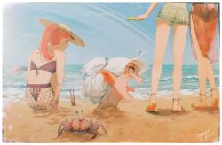 5girls absurdres asimov_(spindle_(aidenr0)) bare_legs barefoot beach blue_sky blush crab day english_text feet felt_(spindle_(aidenr0)) full_body heel_up highres izaria_(spindle_(aidenr0)) kitt_(spindle_(aidenr0)) legs long_hair lower_body motion_blur multiple_girls ocean open_mouth orange_hair original ottilie_(spindle_(aidenr0)) outdoors partially_buried ponytail sandals short_hair sky soles spindle_(aidenr0) squatting toes white_hair