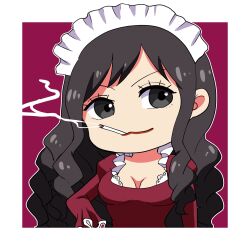 Rule 34 | 1girl, baby 5, black eyes, black hair, border, breasts, cigarette, cleavage, commentary request, dress, drill hair, eyelashes, hand on own hip, highres, long hair, long sleeves, looking to the side, maid headdress, one piece, puffy long sleeves, puffy sleeves, purple background, purple dress, red lips, smile, smoke, solo, upper body, white border, yuuya (hakase-luv)