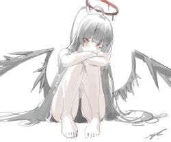 1girl absurdres antenna_hair barefoot black_hair black_shorts black_wings blood blood_halo blue_archive feet halo highres knees_to_chest knees_up liquid_halo looking_at_viewer low_wings red_halo shirt shorts sitting solo syc2159 tsurugi_(blue_archive) white_shirt wings