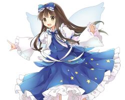Rule 34 | 1girl, :d, armband, blue armband, blue ribbon, blue shirt, blue skirt, bow, brown eyes, brown hair, collar, commentary request, fairy, fairy wings, feet out of frame, frilled bow, frilled collar, frilled skirt, frills, hair bow, kiwicream09, light blush, long hair, long sleeves, open mouth, outstretched arm, pointing, ribbon, shirt, simple background, skirt, smile, solo, star (symbol), star print, star sapphire, touhou, touhou three fairies hoppin flappin great journey, white background, white ribbon, white sleeves, wings