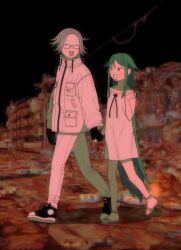 1boy 1girl aotsuki_eito black_shoes blush building closed_eyes coat crossover dress eldritch_abomination flesh glasses green_hair grey_hair hair_flaps highres holding_hands long_hair long_sleeves outdoors pants sandals saya_(saya_no_uta) saya_no_uta shoe_soles shoes sneakers superfj47 the_hundred_line_-last_defense_academy- very_long_hair walking white_coat white_dress