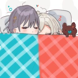 2girls blush ceras_yanagida_lilienfeld closed_eyes closed_mouth col_person commentary edel_note grey_hair hair_ornament heart highres hug katsuragi_izumi link!_like!_love_live! love_live! multiple_girls sleeping sleeping_together squeans stuffed_animal stuffed_toy symbol-only_commentary teddy_bear triangle_hair_ornament under_covers virtual_youtuber yuri