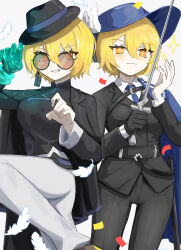 1girl :3 armlet belt black_belt black_coat black_gloves black_hat black_pants blonde_hair blue_coat blue_hat blue_necktie bob_cut chinese_clothes cinq_association_east_uniform claw_pose coat collared_shirt confetti cowboy_shot cross-shaped_pupils don_quixote_(project_moon) earrings eyelashes feathers gloves grin hair_between_eyes hat hat_feather highres holding holding_sword holding_weapon jewelry leg_up light_blush limbus_company looking_at_viewer multiple_girls multiple_views necktie ofuda ofuda_earrings orange_eyes pants parted_lips project_moon ro/ku round_eyewear saber_(weapon) shirt simple_background smile sparkle sword symbol-shaped_pupils tilted_headwear tinted_eyewear turtleneck unworn_coat weapon white_background white_pants white_shirt