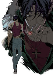 1boy absurdres arm_tattoo black_eyes black_hair black_hat black_shoes cigarette cross cross_necklace denim dogho31 full_body fur_trim green_jacket hair_between_eyes half-closed_eyes hand_up hat highres jacket jeans jewelry looking_at_viewer male_focus multiple_views muscular necklace original pants red_shirt shirt shoes short_hair simple_background sleeveless sleeveless_shirt smile smoking solo tattoo torn_clothes torn_jeans torn_pants unworn_jacket upper_body white_background