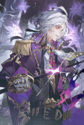 1boy cape coat collared_cape edmond_dantes_(fate) epaulettes fate/grand_order fate_(series) fire gloves gradient_hair highres holding long_hair long_sleeves male_focus multicolored_hair ponytail purple_cape purple_coat purple_fire purple_hair red_eyes smile solo sqloveraven the_count_of_monte_cristo_(fate) the_count_of_monte_cristo_(second_ascension)_(fate) white_gloves white_hair