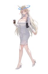 1girl absurdres alternate_costume black_bag blonde_hair blue_eyes blush breasts casual cleavage closed_mouth collarbone commentary_request covered_navel crown_of_thorns cup disposable_coffee_cup disposable_cup dongtan_dress dress fleurdelys_(wuthering_waves) full_body heart high_heels highres holding holding_cup horns korean_commentary large_breasts long_hair long_sleeves looking_at_viewer meme_attire picter pointy_ears shoes sidelocks simple_background single_horn solo tacet_mark_(wuthering_waves) taut_clothes taut_dress very_long_hair walking white_background white_dress white_shoes wuthering_waves