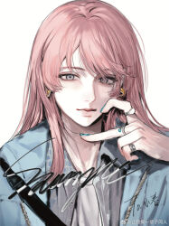 Rule 34 | 1girl, bang dream!, bang dream! it&#039;s mygo!!!!!, blue jacket, blue nails, chihaya anon, chinese commentary, commentary request, earrings, grey eyes, hand up, highres, jacket, jewelry, long hair, looking at viewer, multiple rings, nail polish, pink hair, ring, sample watermark, simple background, siy (shengxiu760722), solo, upper body, watermark, weibo watermark, white background
