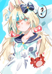 1girl ? absurdres ahoge animal_ears blonde_hair blue_eyes blue_hair cat_ears closed_mouth crab dress highres indie_virtual_youtuber long_hair low_twintails one_side_up sameko_saba sleeveless sleeveless_dress solo spoken_question_mark twintails very_long_hair virtual_youtuber white_dress yamishinofficial
