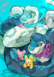 1boy 3girls animal_ears blue_eyes blue_scales blue_sclera choker colored_sclera eyelashes fox_ears highres koki_(ryoushikiha) looking_at_viewer multiple_girls no_humans original pink_fur ribbon_choker ribbon_trim scarf slit_pupils snake stuffed_animal stuffed_toy tongue tongue_out white_hair white_scales yellow_eyes yellow_fur yellow_scarf