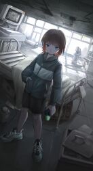 1girl absurdres bed bed_sheet bin_jiang cardiogram commentary controller game_controller hand_in_pocket highres holding holding_controller holding_game_controller hospital indoors original shorts solo