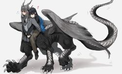2girls absurdres black_sweater blush centauroid ckillust commentary_request dragon_girl dragon_horns full_body grey_background grey_eyes grey_hair grey_jacket grey_skirt grey_sweater highres horns hug hug_from_behind jacket long_hair monster_girl multiple_girls multiple_horns original riding school_uniform simple_background skirt sweater taur very_long_hair walking yuri