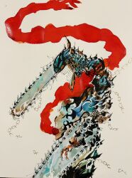 Rule 34 | 1boy, abstract, blood, chain, chainsaw, chainsaw devil, chainsaw man, from side, highres, horns, intestine clothing, intestines, manof amrt, no eyes, open mouth, organs, scarf, sharp teeth, simple background, spikes, teeth, weapon, white background