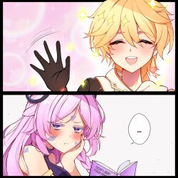 Rule 34 | ..., 1boy, 1girl, aether (genshin impact), bare shoulders, black gloves, blue eyes, blush, book, breasts, citlali (genshin impact), closed eyes, closed mouth, facial mark, genshin impact, gloves, highres, holding, holding book, jewelry, long hair, looking at viewer, midori (midori13579), open mouth, pink hair, pink pupils, pout, smile, triangle, triangle facial mark, waving, waving arms