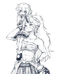 Rule 34 | 2girls, abs, ascot, blush, breasts, carrying, carrying person, chest sarashi, gourd, greyscale, hand on own hip, highres, horns, hoshiguma yuugi, long hair, looking at another, looking up, mizuhashi parsee, monochrome, multiple girls, muscular, muscular female, oni, ponytail, sarashi, scar, scar on face, short hair, short sleeves, shoulder carry, simple background, single horn, suteruko, touhou, white background, wrist cuffs