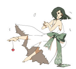 1boy bad_anatomy bad_id bad_pixiv_id barefoot bow cosplay crossdressing crossdressing_(mtf) dress fate/zero fate_(series) feathers green_eyes green_hair jewelry kisaragi_kokoro_(hazuki) male_focus matching_hair/eyes necklace nier nier_(series) parody short_hair solo trap waver_velvet yonah yonah_(cosplay)