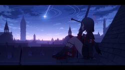 1girl absurdres black_hair blue_archive european_architecture gradient_sky halo highres justice_task_force_(blue_archive) mashiro_(blue_archive) meteor night night_sky sky star_(sky) starry_sky yuma_(lyq_yume)