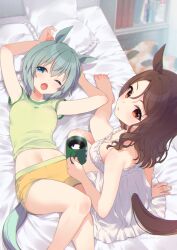 2girls animal_ears bed bed_sheet blue_eyes breasts brown_eyes brown_hair cup dolphin_shorts dress green_shirt grey_hair hair_between_eyes holding holding_cup horse_ears horse_girl horse_tail indoors king_halo_(umamusume) koruri long_hair medium_breasts multiple_girls navel pillow seiun_sky_(umamusume) shirt short_hair short_sleeves shorts small_breasts tail umamusume white_dress yellow_shorts