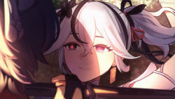 Rule 34 | 2girls, black eyes, black hair, camellya (wuthering waves), closed mouth, commentary, derivative work, earrings, english commentary, female rover (wuthering waves), gold earrings, hair ribbon, highres, holding, holding sword, holding weapon, jewelry, looking at another, lying, multiple girls, on back, ploomie, portrait, red pupils, red ribbon, ribbon, rover (wuthering waves), screenshot redraw, short hair, smile, sword, twitter username, weapon, white hair, wuthering waves