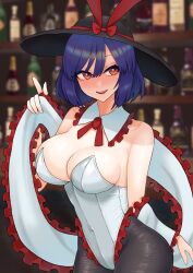 1girl adapted_costume bar_(place) black_hat black_pantyhose blurry blurry_background bottle bow breasts cleavage commentary_request covered_navel detached_collar frilled_shawl frills hat hat_bow ke-su large_breasts leotard looking_at_viewer lowres nagae_iku open_mouth pantyhose playboy_bunny red_bow red_eyes shawl solo touhou upper_body white_leotard