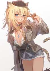 1girl :d absurdres animal_ears arknights arm_up belt belt_buckle belt_collar blonde_hair blue_eyes blush breasts brown_coat brown_hat buckle chinese_commentary coat collar commentary_request cowboy_shot dark_skin glasses gradient_background grey_background grey_belt grey_collar grey_shirt grey_shorts grin hair_between_eyes hat highres jewelry long_sleeves looking_at_viewer medium_hair morgan_(arknights) multiple_rings no_bra open_mouth pendant ring sao7 shirt shorts small_breasts smile solo tail unworn_eyewear v white_background