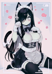 1girl alternate_costume animal_ears apron aria_wintermint black_bow black_bowtie black_dress black_hair black_thighhighs bow bowtie breasts cat_ears cat_girl cat_tail cleavage closed_mouth commentary dress english_commentary enmaided gloves grey_eyes hair_over_one_eye hands_up highres kemonomimi_mode large_breasts long_hair looking_down maid maid_apron maid_day maid_headdress parororo paw_pose recording short_sleeves sitting solo tail tail_bow tail_ornament the_crawling_city thighhighs viewfinder waist_apron white_apron white_gloves