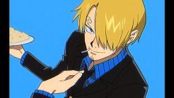 1boy animated animated_gif black_necktie blonde_hair blue_background cigarette collared_shirt curly_eyebrows food grin heart holding holding_plate long_sleeves male_focus necktie one_piece plate qin_(7833198) sanji_(one_piece) shirt short_hair simple_background smile smoking solo spinning striped_clothes striped_shirt upper_body