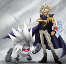 2boys anger_vein annihilape artist_request biceps bracelet cape clenched_hand crossover duel_disk full_body grey_hair grin hairstyle_connection jewelry looking_at_viewer multiple_boys nintendo pokemon pokemon_(creature) purple_eyes red_eyes simple_background smile spiked_hair yami_marik yu-gi-oh! yu-gi-oh!_duel_monsters