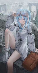 Rule 34 | 1girl, absurdres, arahashi tabi, bag, belt, blue eyes, blue hair, boots, bow, bowtie, center frills, closed mouth, detached sleeves, dos (ehgns007kr), frills, goggles, goggles on head, grey boots, grey skirt, hand on goggles, hand up, highres, jacket, knee up, long hair, long sleeves, looking at viewer, open clothes, open jacket, pleated skirt, ruins, skirt, smile, solo, stellive, thighs, twintails, virtual youtuber, white jacket