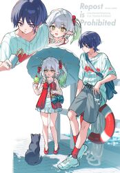 Rule 34 | 1boy, 1girl, against railing, alternate costume, aqua bow, arms at sides, behind another, belt, belt buckle, black belt, black cat, black hair, blouse, blunt ends, blush, bottle, bow, buckle, buoy, casual, cat, cherry, collarbone, contemporary, cropped shirt, cross-shaped pupils, eyelashes, eyeliner, eyeshadow, food, frilled shirt, frilled skirt, frills, fruit, genshin impact, gradient hair, green eyes, green hair, grey shorts, hair between eyes, hair bow, hair ornament, hair scrunchie, half crown braid, heart, heart print, height difference, highres, holding, holding bottle, holding ice cream cone, holding umbrella, ice cream, ice cream cone, large bow, long hair, long sleeves, looking at animal, looking at another, looking down, makeup, midriff peek, mochimiya (coyo), multicolored hair, multiple views, nahida (genshin impact), navel, open mouth, outdoors, pointy ears, purple eyes, railing, red bow, red eyeliner, red eyeshadow, red shoes, red socks, scaramouche (genshin impact), scrunchie, shirt, shoes, short sleeves, shorts, side ponytail, sidelocks, skirt, sneakers, socks, striped clothes, striped shirt, symbol-shaped pupils, twitter username, umbrella, water bottle, watermark, white background, white hair, white shirt, white shoes, white skirt, white sleeves, white umbrella, white undershirt, wispy bangs