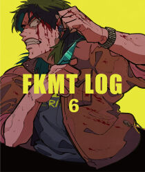 1boy black_hair black_shirt blood blood_on_face blood_on_hands brown_eyes brown_jacket clenched_teeth commentary_request crying crying_with_eyes_open glass_shard glass_shards highres holding holding_glass_shard holding_knife inudori itou_kaiji jacket kaiji knife long_hair looking_to_the_side male_focus open_clothes open_jacket self-harm shirt simple_background sleeves_rolled_up solo tears teeth upper_body watch wristwatch yellow_background