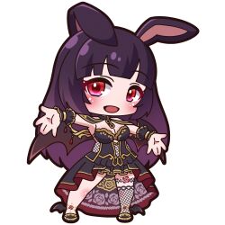 1girl :d absurdres animal_ears black_dress black_hair black_shoes black_wings blush bosuke_(vtuber) breasts chibi cleavage dress fishnet_thighhighs fishnets full_body gradient_hair highres indie_virtual_youtuber long_hair looking_at_viewer medium_breasts multicolored_hair open_mouth outstretched_arms purple_hair rabbit_ears red_eyes saishosaisekojo shoes single_thighhigh smile solo standing strapless strapless_dress thighhighs transparent_background very_long_hair virtual_youtuber wings wrist_cuffs