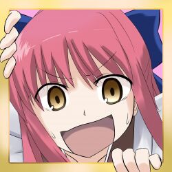 1girl blue_bow bow flost-love hair_bow kohaku_(tsukihime) maid open_mouth picture_frame portrait red_hair short_hair smile solo sweatdrop tsukihime yellow_eyes