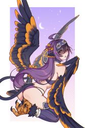 1girl ahoge animal_feet bird_legs black_feathers black_wings blush commentary english_commentary eye_mask feathered_wings feathers flower hair_flower hair_ornament harpy head_wings highres long_hair looking_at_viewer monster_girl oneiroi_(apexhydra8) open_mouth orange_feathers orange_wings original panties partially_feathered_tail purple_feathers purple_hair purple_panties purple_thighhighs purple_wings ribbed_thighhighs shinbun_n sleep_mask sleepy solo tail tail_ornament tail_ring talons thighhighs two-tone_wings underwear very_long_hair winged_arms winged_tail wings