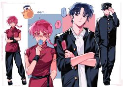 1boy 1girl ? adjusting_clothes adjusting_headwear artist_name bandaid bandaid_on_face bandaid_on_nose bandaid_on_shoulder black_footwear black_hat black_jacket black_pants blue_hair braid food gakuran genderswap genderswap_(ftm) hand_in_pocket hat highres holding holding_food holding_ice_cream ice_cream jacket kettle looking_at_another multiple_views open_clothes open_jacket pants pink_eyes pink_hair quy_(quiin) ranma-chan ranma_1/2 red_shirt school_uniform shirt short_hair speech_bubble spoken_question_mark tendou_akane white_shirt