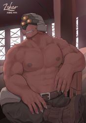 1boy abs artist_name bara belt boots brown_belt brown_footwear claws dated disguise fangs final_fantasy final_fantasy_vii final_fantasy_vii_rebirth final_fantasy_vii_remake furry furry_male grey_pants helmet highres leg_up male_focus mixed-language_commentary muscular muscular_male nipples on_chair pants pectorals red_xiii sitting smile topless_male zohar_wolf