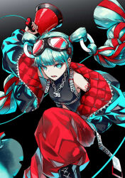 1girl 39 arm_behind_back arm_up baggy_pants bare_shoulders black_background black_boots black_jacket black_tank_top blue_eyes blue_hair boots chain chain_necklace crop_top feet_out_of_frame glint goggles goggles_on_head hatsune_miku highres holding holding_megaphone jacket jewelry lace-up_boots looking_at_viewer magical_mirai_(vocaloid) magical_mirai_miku magical_mirai_miku_(2023) megaphone multicolored_hair necklace number_tattoo off_shoulder open_clothes open_jacket pants quilted_jacket red_hair red_jacket red_pants shirt simple_background sleeveless sleeveless_shirt solo tank_top tattoo twintails two-sided_fabric two-sided_jacket two-tone_hair vocaloid yohki