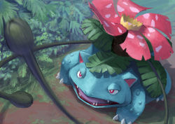 absurdres bright_pupils claws dirt flower gen_1_pokemon grass half-closed_eyes highres leaf motion_blur no_humans open_mouth outdoors pink_eyes plant pokemon pokemon_(creature) rafflesia_(flower) sharp_teeth solo t@kuyoa teeth tongue venusaur vine_whip vines warts