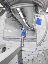 1girl absurdres airfish_(lefko_d) backpack bag blue_skirt boots cable fisheye highres hood hood_up legs_together long_sleeves original reflective_wall scenery sitting skirt solo stairs tile_wall tiles white_boots white_hair wide_shot writing_on_wall
