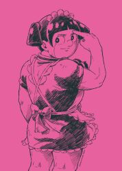 1girl apron boku_to_roboco bow eyelashes facial_mark highres looking_at_viewer looking_back maid maid_apron maid_headdress monochrome muscular muscular_female official_art roboco_(boku_to_roboco) robot robot_girl smile solo translation_request twintails