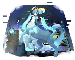 Rule 34 | 1girl, :d, absurdres, aqua eyes, aqua fur, aqua hair, aqua necktie, arm up, bare shoulders, black boots, black sleeves, blush, boots, box, breasts, cardboard box, centaur, character doll, collared shirt, commentary, crop top, detached sleeves, distortion, doll, english commentary, fang, full body, grey shirt, hair between eyes, hair ornament, hatsune miku, headset, highres, holding, holding boots, holding footwear, holding unworn clothes, hooves, horse tail, long hair, looking at viewer, medium breasts, midriff, monster girl, monsterification, multiple legs, navel, necktie, neoz (jjfk8828), night, number tattoo, open mouth, rearing, shirt, sidelocks, skin fang, sleeveless, sleeveless shirt, smile, solo, sparkle, standing, tachi-e, tail, tail ornament, tattoo, taur, television, thigh boots, triangle mouth, twintails, unworn boots, variant set, very long hair, vocaloid