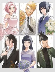 2girls 4boys alternate_hairstyle black_eyes black_hair blue_eyes blue_vest blunt_bangs bouquet braid breasts commentary_request crown_braid dress facial_mark flower forehead_mark formal_clothes green_eyes grin haruno_sakura highres holding holding_bouquet hyuuga_hinata hyuuga_neji long_hair medium_breasts multiple_boys multiple_girls nara_shikamaru naruto_(series) naruto_shippuuden one_eye_closed pink_dress pink_hair ponytail purple_dress purple_eyes short_ponytail skirt_hold small_breasts smile suit topknot turtleneck uchiha_sasuke usao_(313131) uzumaki_naruto vest whisker_markings