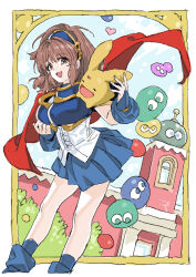 Rule 34 | 1girl, arle nadja, armor, blob, blue boots, blue eyes, blue gloves, blue skirt, blue sky, blue socks, boots, bridal gauntlets, brown eyes, brown hair, cape, carbuncle (puyopuyo), chest guard, closed eyes, corset, gloves, green eyes, heart, high ponytail, highres, leaning forward, long hair, looking at viewer, nobita (makoto7060355), open mouth, pauldrons, pleated skirt, ponytail, puyo (puyopuyo), puyopuyo, puyopuyo n, red cape, school, shoulder armor, skirt, sky, smile, socks, standing, white corset, window, yellow eyes